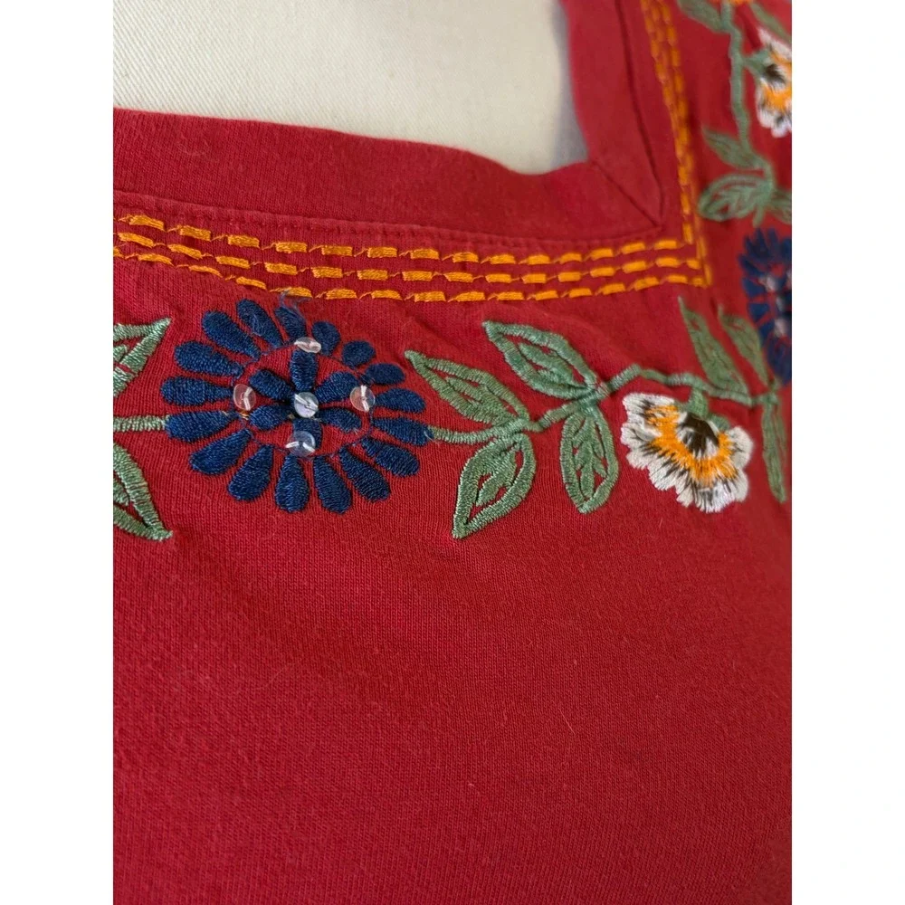 Vermont Country Store Red Floral Embroidered Cotton Square Neck Top M Boho - Picture 4 of 8